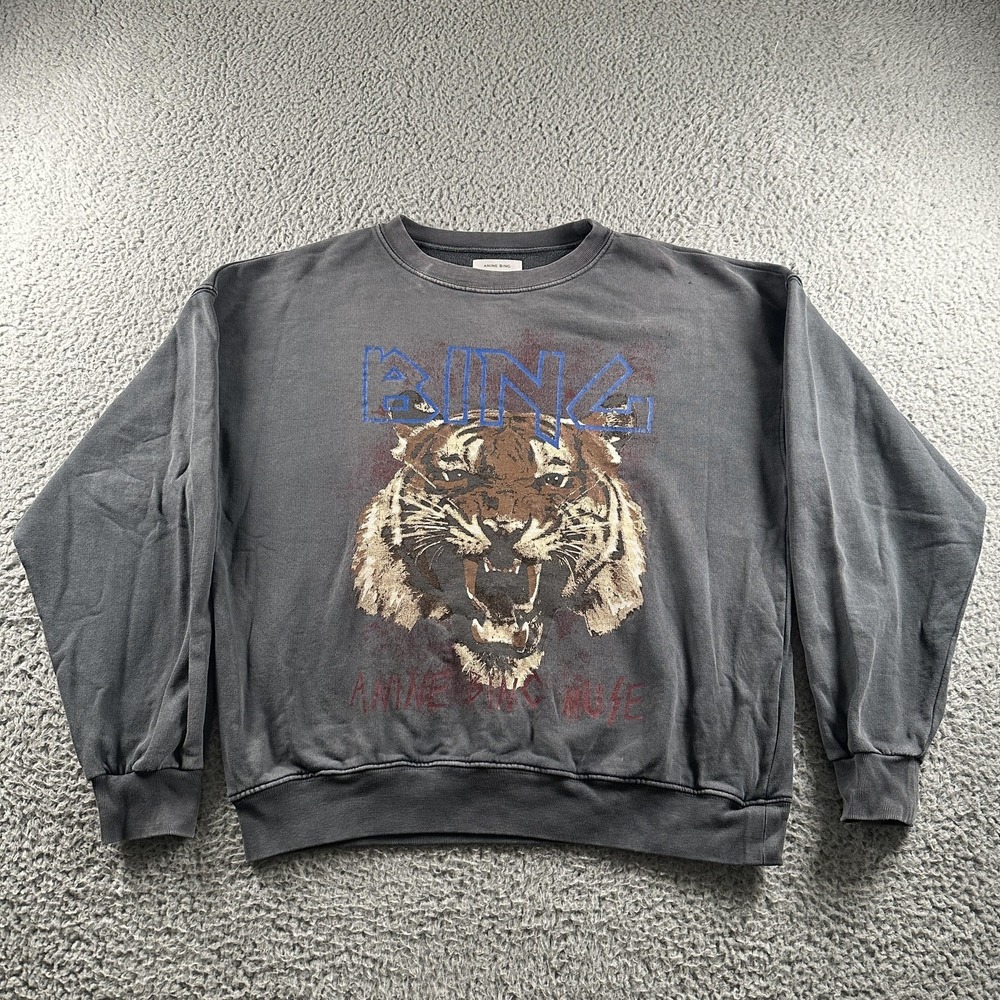 Anine Bing Tiger Muse Sweatshirt Womens S Gray Graphic Terry Crewneck Pullover